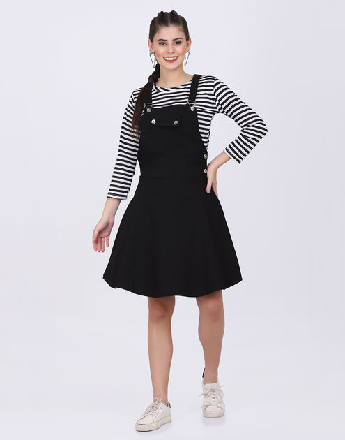 Black Dungaree Skirt with Striped Top Midi Dress 2025