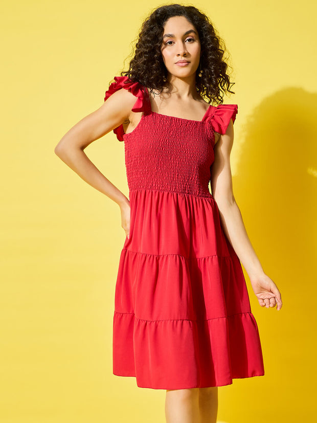 Red Ruffled Strap Dress Square Neck Smocked High Waist Women Dresses-3500