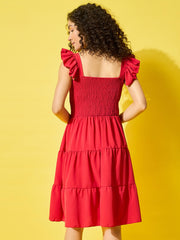 Red Ruffled Strap Dress Square Neck Smocked High Waist Women Dresses-3500