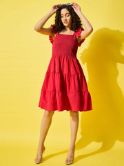 Red Ruffled Strap Dress Square Neck Smocked High Waist Women Dresses-3500