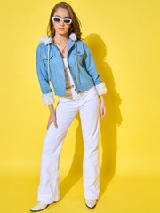 Light Blue Stylish Short Women Denim Jacket with Fur Collar and Cozy Hoodie-3482