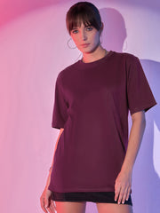 Solid Baggy Fit Drop Shoulder Oversized Round Neck Women Long T-Shirt-3417-3419