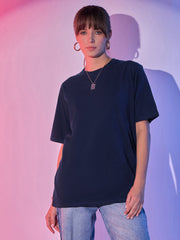 Solid Baggy Fit Drop Shoulder Oversized Round Neck Women Long T-Shirt-3414-3419