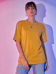 Solid Baggy Fit Drop Shoulder Oversized Round Neck Women Long T-Shirt-3419-3419