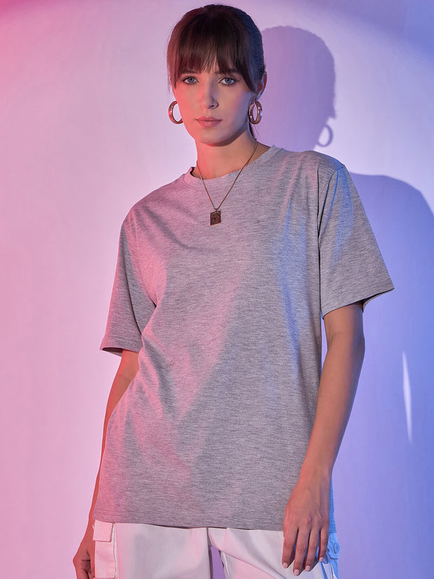 Solid Baggy Fit Drop Shoulder Oversized Round Neck Women Long T-Shirt-3418-3419