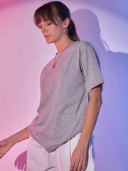 Solid Baggy Fit Drop Shoulder Oversized Round Neck Women Long T-Shirt-3417-3419