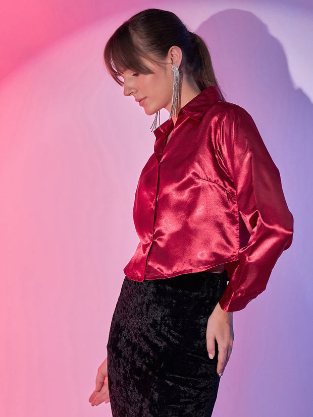 Women's Cropped Party Satin Shirts | Luxe Comfort Chic Girls Crop Shirt-3430-3435