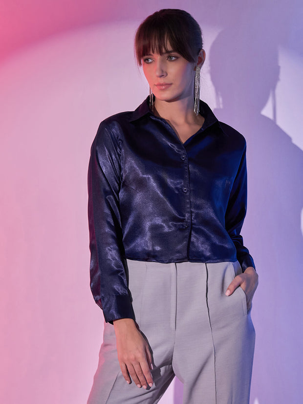 Women's Cropped Party Satin Shirts | Luxe Comfort Chic Girls Crop Shirt-3435-3435