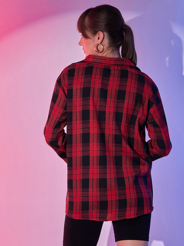 Cotton Oversized Casual Plaid Print Women Long Shirt-3436