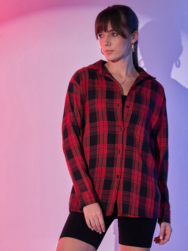 Cotton Oversized Casual Plaid Print Women Long Shirt-3290B