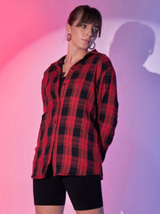 Cotton Oversized Casual Plaid Print Women Long Shirt-3290B