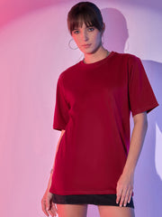 Solid Baggy Fit Drop Shoulder Oversized Round Neck Women Long T-Shirt-3438-3438