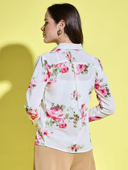 Off White Georgette Floral Print Regular Fit Women Shirt-3444