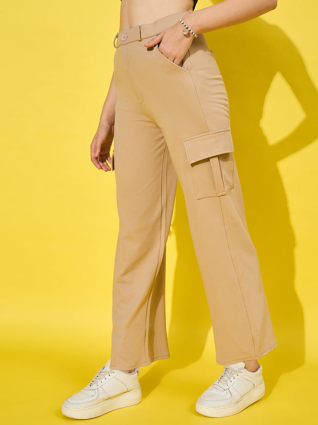 Straight Fit Full Length Solid Cargo Pant | Women Casual Pant-3386-3464