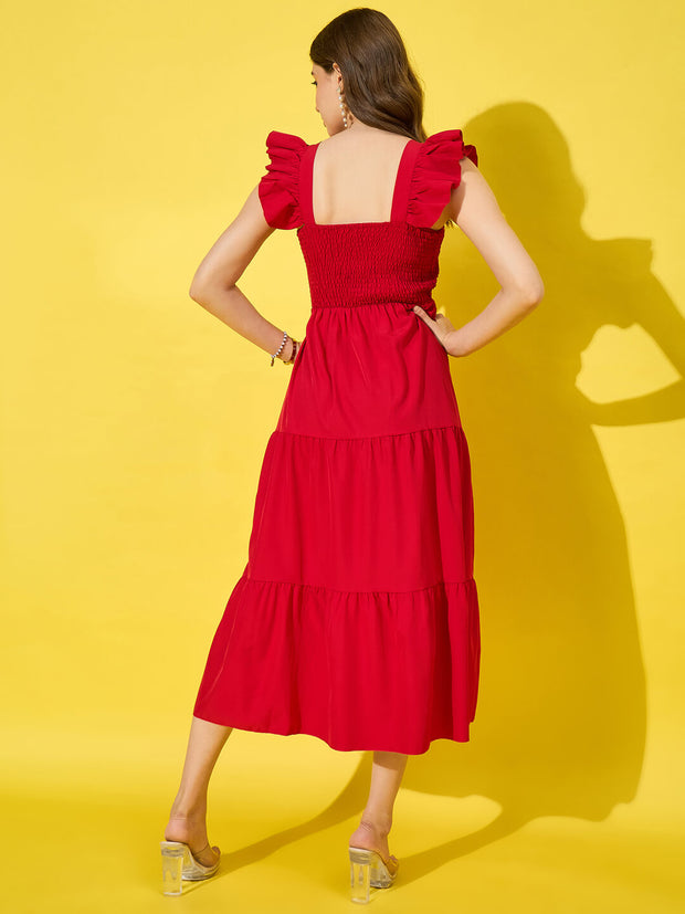 Ruffled Strap Dress Square Neck Smocked High Waist Women Midi Dresses-3471-3471