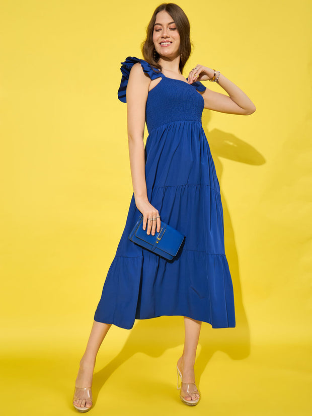 Ruffled Strap Dress Square Neck Smocked High Waist Women Midi Dresses-3471-3471