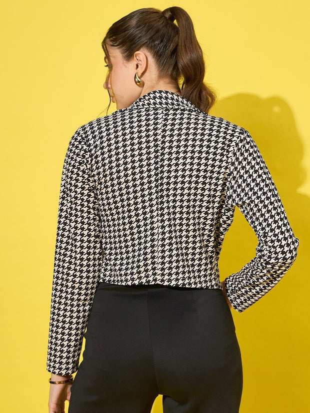 Cotton Blend Black and White Houndstooth Print Short Blazer Shrug-3476