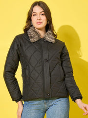 Stylish Polyester Quilted Women Winter Jacket with Fur Collar-3479-3480