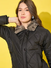 Stylish Polyester Quilted Women Winter Jacket with Fur Collar-3479-3480