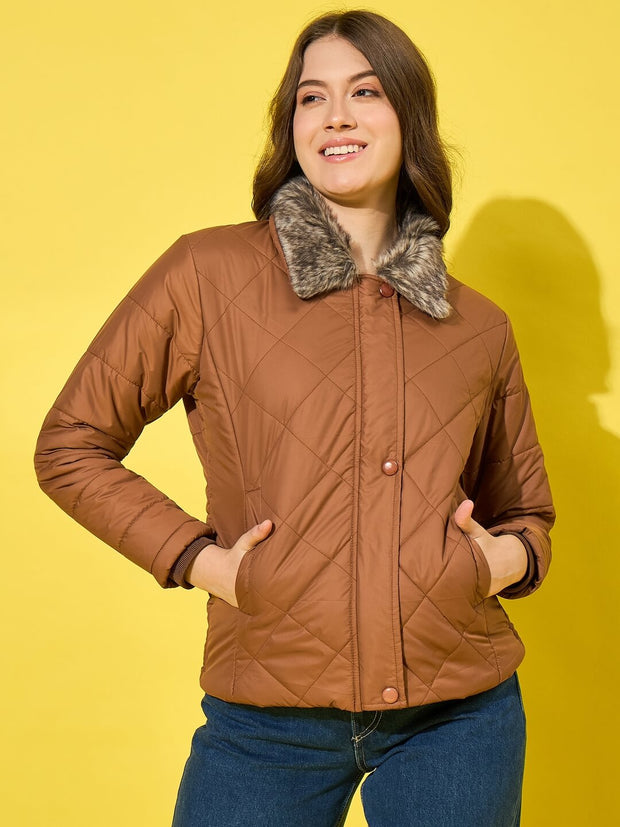 Stylish Polyester Quilted Women Winter Jacket with Fur Collar-3479-3480