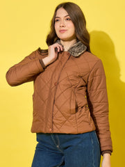 Stylish Polyester Quilted Women Winter Jacket with Fur Collar-3479-3480