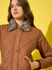 Stylish Polyester Quilted Women Winter Jacket with Fur Collar-3479-3480