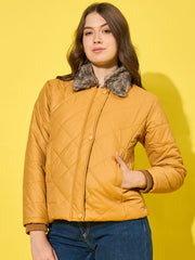 Stylish Polyester Quilted Women Winter Jacket with Fur Collar-3478-3480