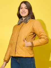 Stylish Polyester Quilted Women Winter Jacket with Fur Collar-3480-3480