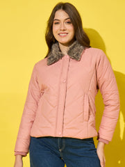 Stylish Polyester Quilted Women Winter Jacket with Fur Collar-3479-3480