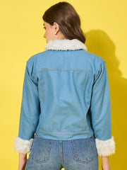 Light Blue Buttoned Women's Denim Jacket and Coat With Fur Collar-3481