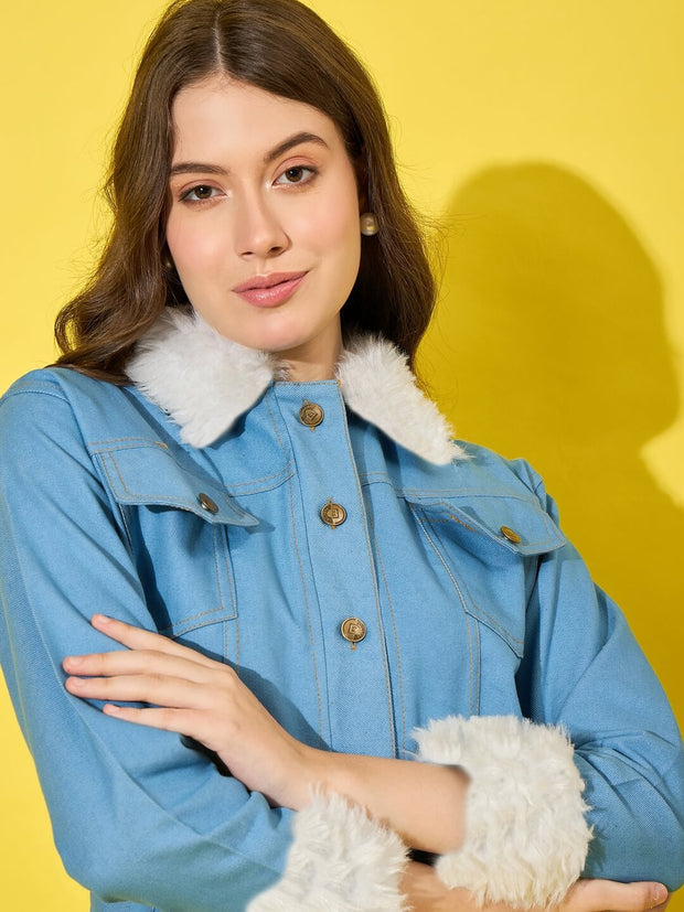 Light Blue Buttoned Women's Denim Jacket and Coat With Fur Collar-3481