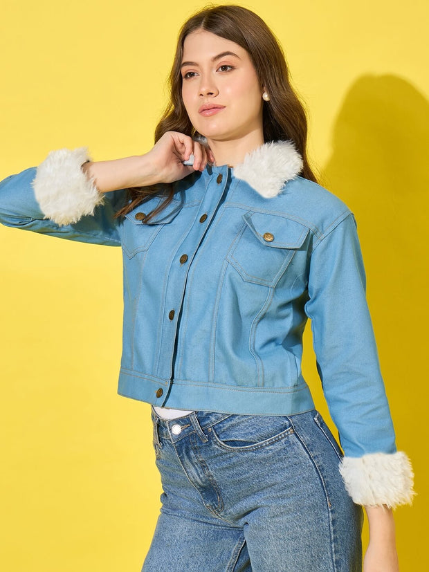 Light Blue Buttoned Women's Denim Jacket and Coat With Fur Collar-3481