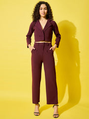 Women's Solid Polyester Co-Ord Set – Stylish Cropped Blazer and Trouser Set-3505-3505