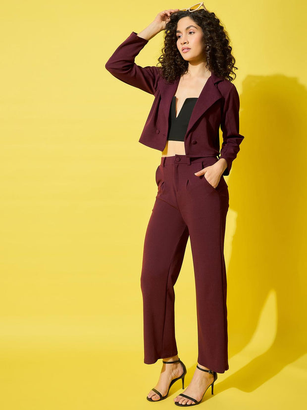 Women's Solid Polyester Co-Ord Set – Stylish Cropped Blazer and Trouser Set-3505-3505