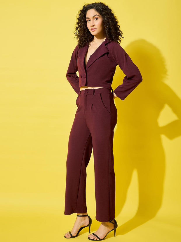 Women's Solid Polyester Co-Ord Set – Stylish Cropped Blazer and Trouser Set-3505-3505