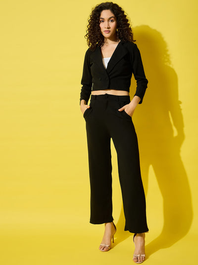 Women's Solid Polyester Co-Ord Set – Stylish Cropped Blazer and Trouser Set-3503-3505