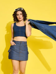 High Waist Casual Women's Denim Cargo Mini Skirt-3521-3521