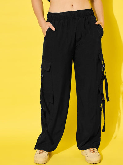 Polyester Snug Fit Multi Pockets Elasticated Women's Cargo Pants-3524-3528