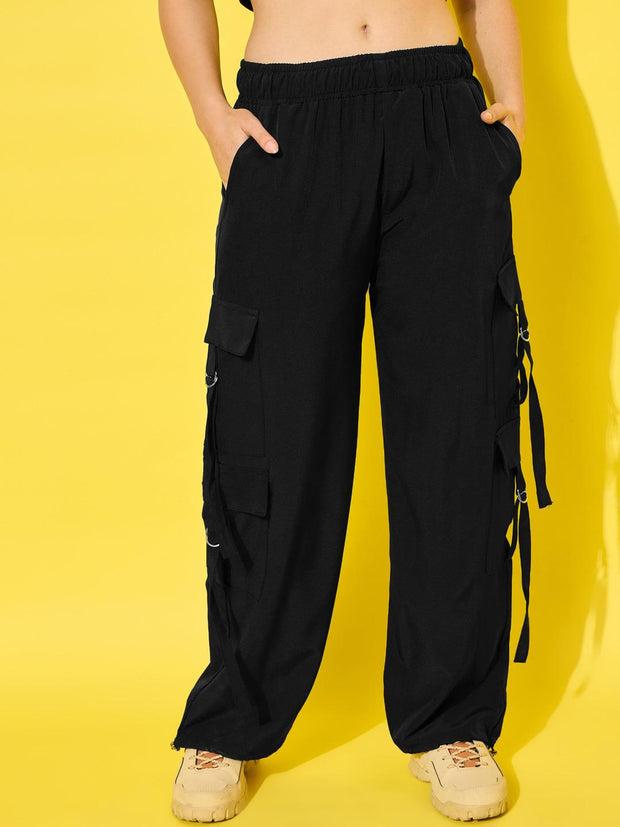 Polyester Snug Fit Multi Pockets Elasticated Women's Cargo Pants-3528-3528