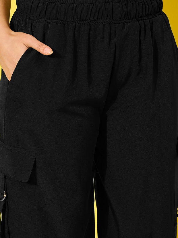 Polyester Snug Fit Multi Pockets Elasticated Women's Cargo Pants-3528-3528