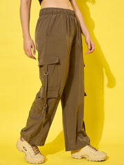 Polyester Snug Fit Multi Pockets Elasticated Women's Cargo Pants-3528-3528