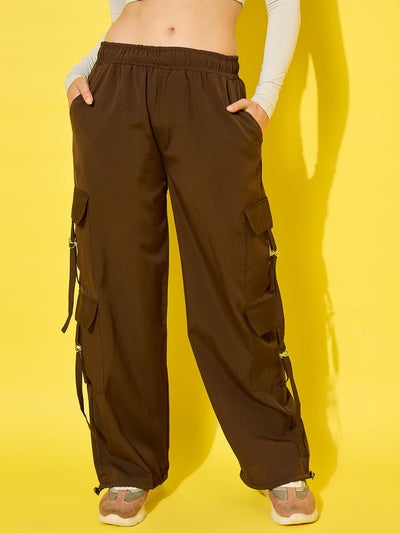 Polyester Snug Fit Multi Pockets Elasticated Women's Cargo Pants-3526-3528