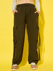 Polyester Snug Fit Multi Pockets Elasticated Women's Cargo Pants-3528-3528