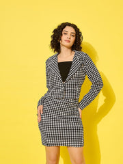 Black White Elegant Cotton Blend Houndstooth Skirt Blazer Co-ord Set for Women-3529