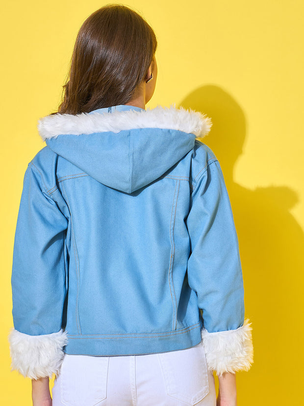 Light Blue Stylish Short Women Denim Jacket with Fur Collar and Cozy Hoodie-3482