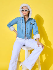 Light Blue Stylish Short Women Denim Jacket with Fur Collar and Cozy Hoodie-3482