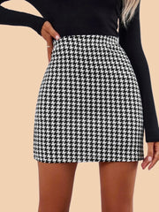 Black and White Houndstooth Print Mini Women's Pencil Skirt-3445