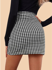 Black and White Houndstooth Print Mini Women's Pencil Skirt-3445