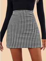 Black and White Houndstooth Print Mini Women's Pencil Skirt-3445