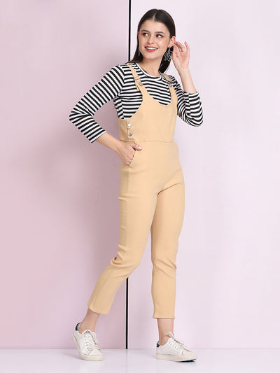 Buy DIMPY GARMENTS Knee-Long Cotton Blend Striped Women's Dungaree Dress  with Top (Beige, Small) at
